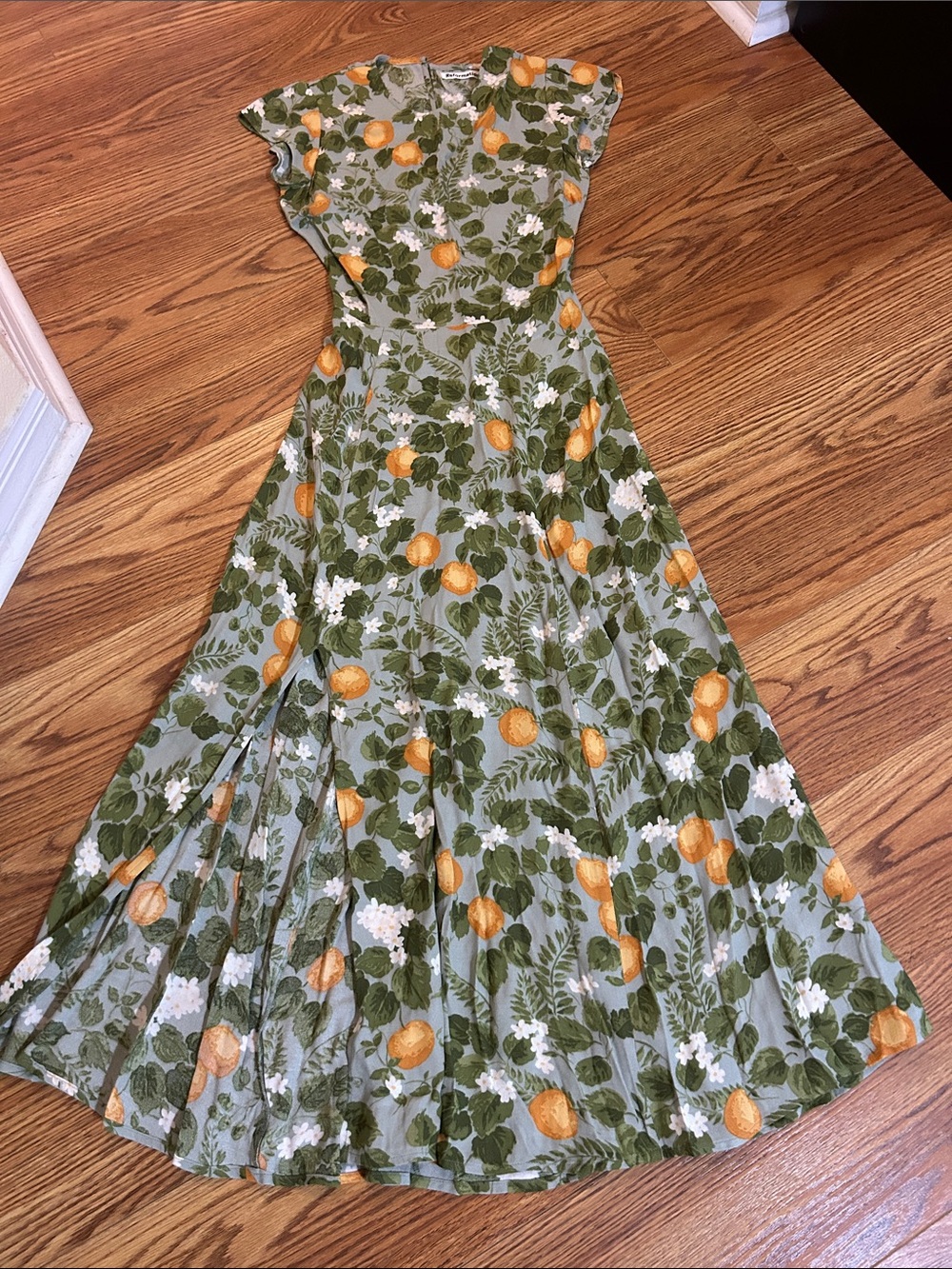 Reformation Green Maxi Dress with Orange & White Citrus Print